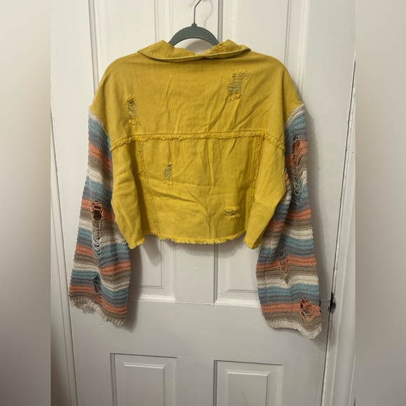 POL Crochet Knit Sleeve Cropped Yellow Denim Jacket - Picture 5 of 8